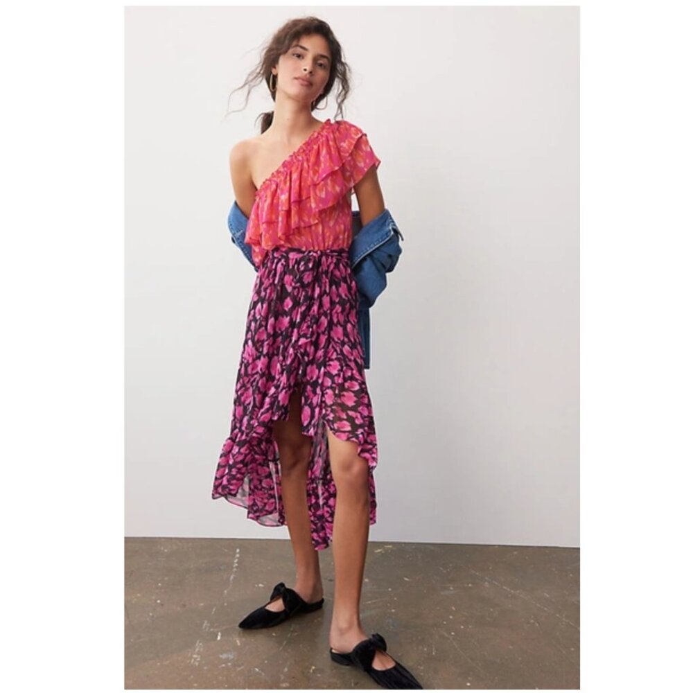 Anthropologie Misa Rumi Aida Carina One Shoulder Ruffle Floral Hi Low Midi Dress